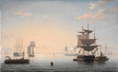 遠くに街が見えるボストンの港 作： Fitz Henry Lane
