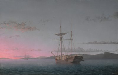 ペノブスコット湾の夕暮れ時の木材スクーナー船 作： Fitz Henry Lane