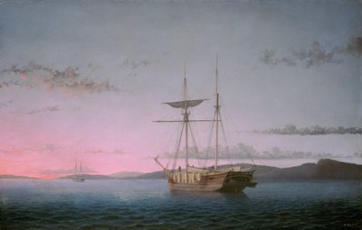 ペノブスコット湾の夕方の材木スクーナー、1863年。 作： Fitz Hugh Lane