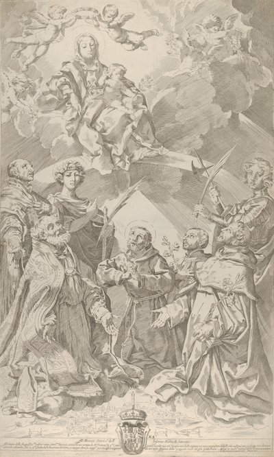ボローニャの守護聖人は、雲の中に座っている聖母を上に見ています..., 1640-50. 作： Flaminio Torre