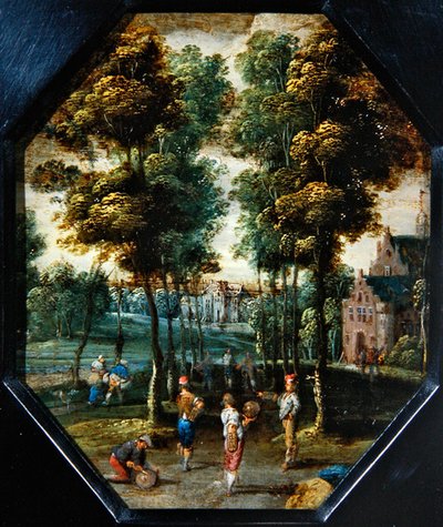 ケルメスの川辺の村の風景（銅に油彩、八角形） 作： Flemish School
