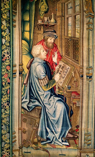 契約を書いているスクライブ、契約の箱舟の輸送、ダビデとバトシェバのタペストリー、c.1510-15の詳細 作： Flemish School