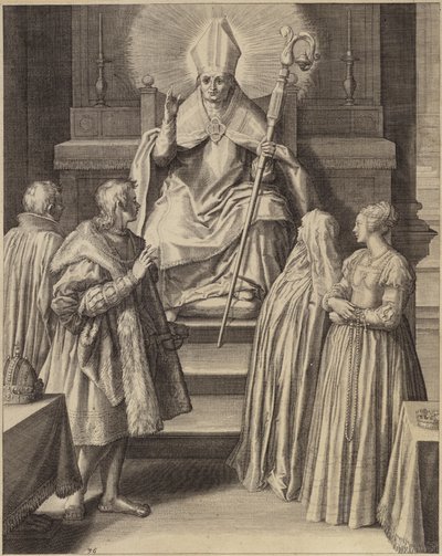 司教のローブの人物が頭から発するハローに即位して座っている 作： Flemish School