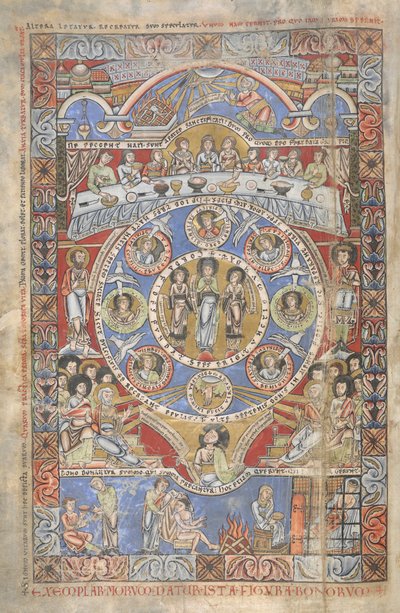 追加。 17738、f.3vヨブ記の冒頭の詩の解釈、「フロレフ聖書」のイラスト、ムーズバレー、1155年頃（ベラムにインク、色、金） 作： Flemish School