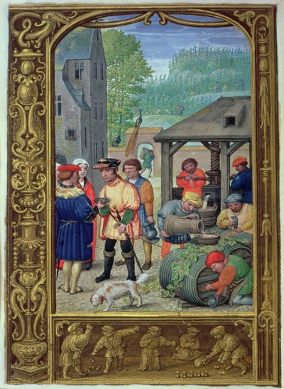 追加 24098 f.27v 10 月: ワインの収穫、Book of Hours、または Golf Book、1520-30 年頃 (ベラム) 作： Flemish School