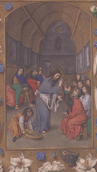 追加の 54782、f.265v: 弟子たちの足を洗うキリスト、ヘイスティングスの時間、c.1475-83 (ベラム) 作： Flemish School