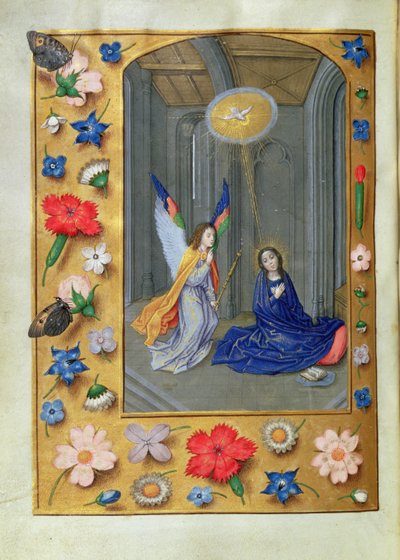 追加 54782、f.73v: 受胎告知、Hastings Hours、c.1475-83 (ベラム) から 作： Flemish School