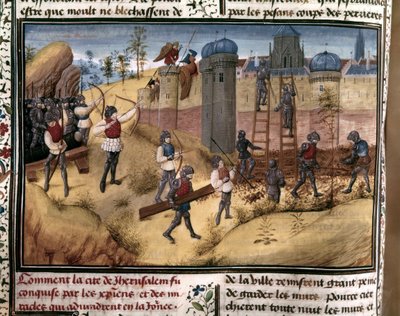 十字軍エルサレムの城壁を登る十字軍」。Histoire des Cr...』より。 作： Flemish School