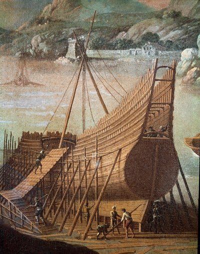 ジェノバの造船所でのガレオン船の建造（詳細。絵画 作： Flemish School