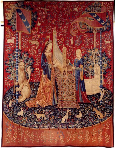 ユニコーンの貴婦人のカーテン（Lady of the Unicorn）：ヒアリング。1484年から1500年にかけて製作された羊毛と絹のタペストリー。CreuseのChateau de Boussac（ブサック城）より。ディム。3,7x4,7 m パリ、国立中世博物館、テルム・ド・クリュニー 作： Flemish School