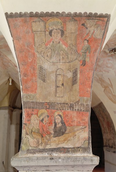 ライオンズデンのダニエル、セントジュリアンの下に彼の妻とイエスキリストをフィーチャー、地下室の壁画、1480〜1540年頃 作： Flemish School