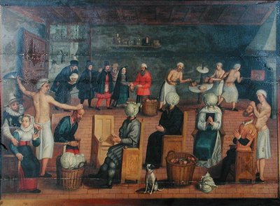 斬首と頭をキャベツに置き換える：頭を焼いて化粧をする（キャンバスに油彩） 作： Flemish School