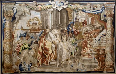 フランダースのタペストリー。 シリーズ 聖体の神格化。 モーセ律法の犠牲 (Sacrificio de la Ley Mosaica)。 ルーベンスのオリジナルからコピーされたモデル漫画。 ブリュッセルの製造。 フランス・ヴァン・デン・ヘッケによる製造。 17世紀半ば。 ファブリック シルクとウール、 作： Flemish School