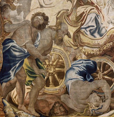 フランダースのタペストリー。 シリーズ 聖体の神格化。 教会の勝利 (Triunfo de la Iglesia)。 ルーベンスのオリジナルからコピーされたモデル漫画。 ブリュッセルの製造。 フランス・ヴァン・デン・ヘッケによる製造。 17世紀半ば。 生地 シルクとウール、縦糸 7/8 作： Flemish School