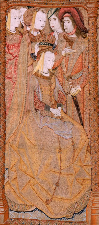 フランダースのタペストリー。 シリーズ 聖母または黄金の布の献身。 聖母の戴冠式 (La Coronación de la Virgen)。 シリーズ4作目のタペストリー。 Colyn de Coterのサークルのモデル漫画家。 ブリュッセルのピーター・ファン・アールストのマニュファクチュール。 Ca 1500-15 作： Flemish School