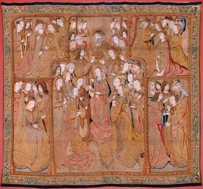 フランダースのタペストリー。 シリーズ 聖母または黄金の布の献身。 聖母の戴冠式 (La Coronación de la Virgen)。 シリーズ4作目のタペストリー。 Colyn de Coterのサークルのモデル漫画家。 ブリュッセルのピーター・ファン・アールストのマニュファクチュール。 Ca 1500-15 作： Flemish School