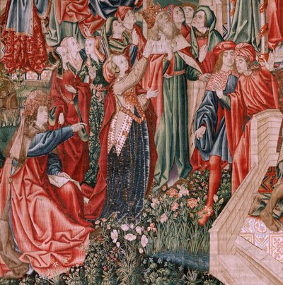 フランダースのタペストリー。 シリーズ人間の償還または悪徳と美徳。 子供としての救世主キリスト (Cristo Salvador como Niño)。 シリーズの5番目のタペストリー（パレンシア所蔵の2番目）。 ブリュッセルのマニュファクチュール、ワークショップ。 サイズ 425 x 800 cm。 ファブリック 作： Flemish School