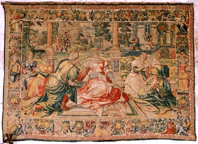 フランダースのタペストリー。 シリーズ マーク アンソニーとクレオパトラ。 クレオパトラと宮廷 (Cleopatra en su corte)。 Pieter Coecke van Aelst によるモデル漫画。 ブリュッセル(?)を製造。 16世紀後半。 ファブリック シルクとウール。 サイズ 310×435cm。 元 作： Flemish School