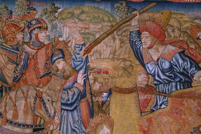フランダースのタペストリー。 シリーズ道徳：名誉の美徳（De deugd van de Honores、名誉の美徳）。 1520年頃。 詳細 作： Flemish School