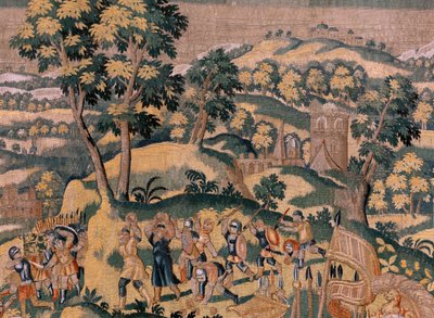 フランダースのタペストリー。 シリーズ サイラスの物語。 No VI Tomyris は、Cyrus の頭を血管に浸すように命じます (Tomiris manda sumergir la cabeza de Ciro en un recipiente lleno de sangre)。 Michiel Coxcie に基づく匿名。 アトリエアントワープ。 シルクとウー 作： Flemish School