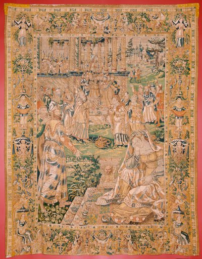 フランダースのタペストリー。 シリーズ The Book of Judith. ジュディスはホロフェルネスの頭を見せます (Judith muestra la cabeza de Holofernes)。 シリーズ9作目のタペストリー。 製造はオランダ、ブリュッセル(?)。 16世紀後半。 ファブリック ウール。 ロケーション聖教会 作： Flemish School