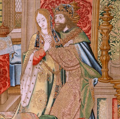 フランダースのタペストリー。 シリーズ ダビデとバテシバの歴史。 David と Bathsheba の結婚 (Casamiento de David y Betsabé)。 シリーズの 2 番目のパネル。 モデル名無し。 メーカー不明、ブリュッセル。 1505. ファブリック ゴールド、シルク、ウール。 作： Flemish School
