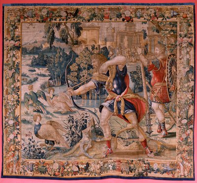 フランダースのタペストリー。 シリーズ ヘラクレスの労働。 Hercules と Stymphalian の鳥 (Hércules y las aves del lago Estínfalo)。 現存するシリーズ初のタペストリー。 モデル不明。 ブリュッセルのウィレム・デルモヤンのマニュファクチュール。 1528年頃。生地 シルクとウール。 ; サイズ 作： Flemish School