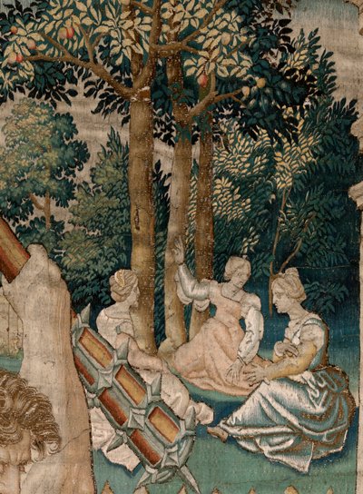 フランダースのタペストリー。 シリーズ ヘラクレスの労働。 ヘスペリデスの庭のヘラクレス (Hércules en el jardín de las Hespérides)。 現存するシリーズ第5弾のタペストリー。 モデル不明。 ブリュッセルのウィレム・デルモヤンのマニュファクチュール。 1528年頃。生地 シルクとウール。 作： Flemish School