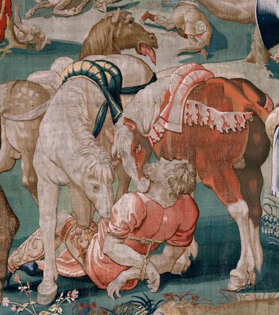 フランダースのタペストリー。 シリーズ ヘラクレスの労働。 ディオメデスの馬 (Los caballos de Diomedes)。 現存するシリーズ第3弾のタペストリー。 モデル不明。 ブリュッセルのウィレム・デルモヤンのマニュファクチュール。 Ca1528。 ファブリック シルクとウール。 サイズ 350×400cm。 ロケーション ロイヤル 作： Flemish School