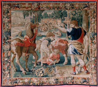 フランダースのタペストリー。 シリーズ ヘラクレスの労働。 ディオメデスの馬 (Los caballos de Diomedes)。 現存するシリーズ第3弾のタペストリー。 モデル不明。 ブリュッセルのウィレム・デルモヤンのマニュファクチュール。 Ca1528。 ファブリック シルクとウール。 サイズ 350×400cm。 ロケーション ロイヤル 作： Flemish School