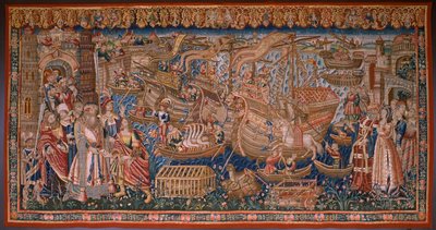 フランダースのタペストリー。 シリーズ インドのポルトガル人: カリカットへの到着 (カリカットの De Aankomst、Llegado de Vasco de Gama a Lisboa)。 Ca 1510. Collection Caixa Geral de Depósitos、リスボン。 作： Flemish School