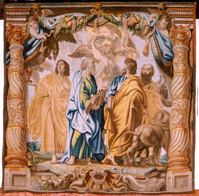 フランダースのタペストリー。 シリーズ聖体の勝利。 4 人の伝道者 (Los cuatro evangelistas)。 シリーズ11作目のタペストリー。 モデルのピーター・パウル・ルーベンス。 1626-1628。 製造 Jan II Raes、Hans Vervoert、Jacques Fobert、ブリュッセル 作： Flemish School