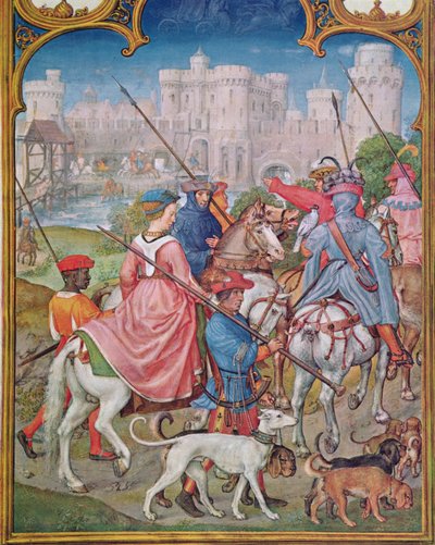 Fol.8v 8月：狩猟に向けて出発、ブレビアリウムグリマーニから、c.1515 作： Flemish School