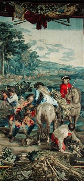 ユドカス・デ・ボスの工房の「軍事学」シリーズから「木を集める」、1715-24年頃（タペストリー 作： Flemish School