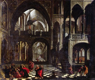 教会の内部、またはイエスが神殿から商人を追いかけて 作： Flemish School