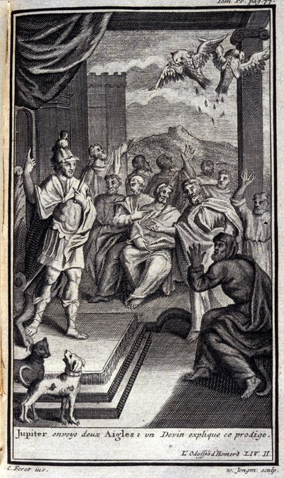 Jupiter sends two eagles: a soother explained this prodigy.1731年にアムステルダムで出版された『オデュッセー』の中の、ホメレの『オデュッセー』第2巻の挿絵、ミラノのコレクション・プライヴェート。 作： Flemish School