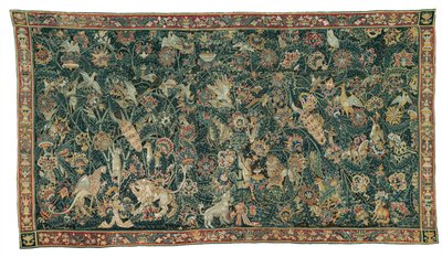 動物や鳥のいる大きな葉の緑、1525-50 作： Flemish School