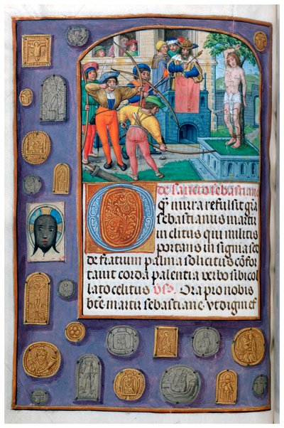 MS 4, vol.127, f.112v 「聖セバスチャンの殉教」 巡礼者のバッジとヴェルニクルのだまし絵の縁取り付き、フランドル地方、16世紀初頭の時祷書より（ベラムにペンとインク、テンペラ 作： Flemish School