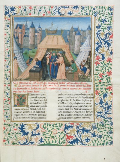 MS W201 f.147 Chroniques dAngleterreによる平和条約（Vol.IV）1475-80（ベラムのテンペラ） 作： Flemish School