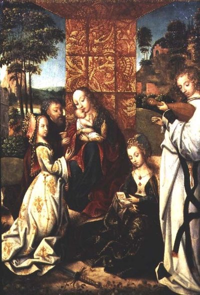 聖カタリナ、天使などの人物が描かれた聖母子像 作： Flemish School