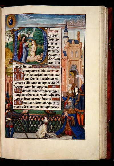 Ms 1058-1975, f.74r:聖母子に祈りを捧げるダビデ王と、イブの創造を描いた歴史的なイニシャルD（1510年頃、ブルージュの時祷書より）（羊皮紙に金インク、テンペラ 作： Flemish School