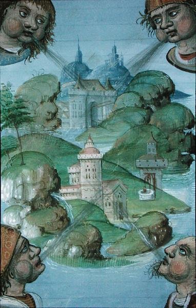 Ms.Hunter 9 f.47v アヴィケンナ（980-1037）の「De Medina Fen I. II」より、海辺の風景の角で吹く4つの風（vellum) 作： Flemish School