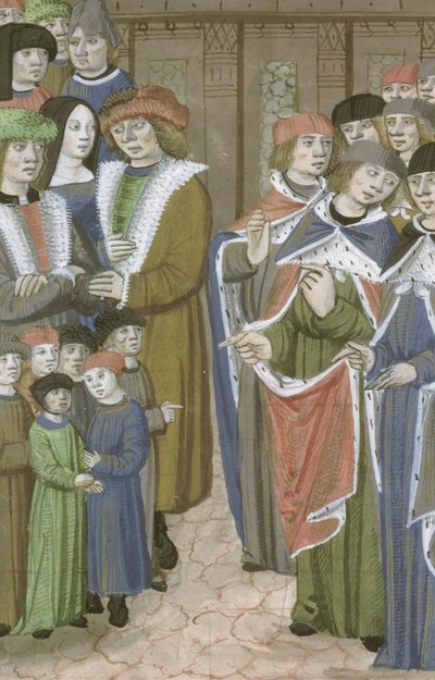Ms Hunter 9 f.68v A MedennaによるDe Medina Fen I. IIの医師、男性、女性、および子供のグループ（980-1037） 作： Flemish School