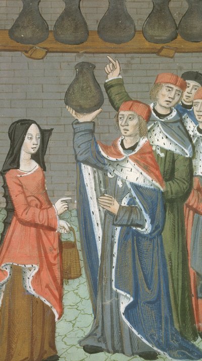 Ms Hunter 9 f.84r A vicennaによるDe Medina Fen I. IIのurinalis magnusを運ぶバスケットを持つ女性（980-1037） 作： Flemish School