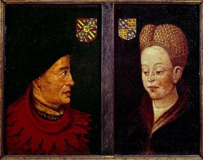 ブルゴーニュ公爵ジョン（1371-1419）とブルゴーニュ公爵夫人マルグリット・ド・バヴィエール（1363-1423）の肖像 フランドル派の木版画。15世紀 ゲント、美術館 作： Flemish School