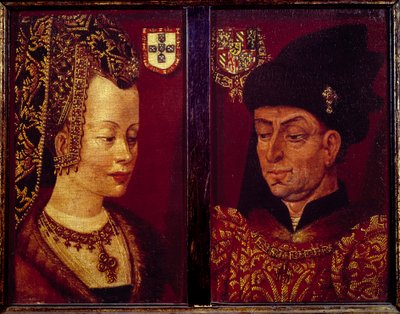 ブルゴーニュ公フィリップ・ザ・グッド（1396-1467）とブルゴーニュ公爵夫人イザベラ・オブ・ポルトガル（1397-1472）の肖像 フランドル派の木版画。15世紀 ゲント美術館 作： Flemish School