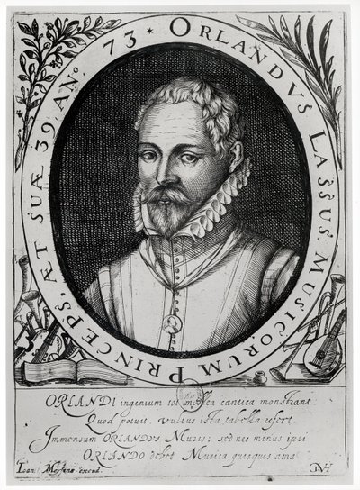 Roland de Lassus（1532-94）の肖像（彫刻）（bw写真） 作： Flemish School