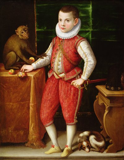 猿と犬を持つ若い貴族の肖像、c.1615 作： Flemish School