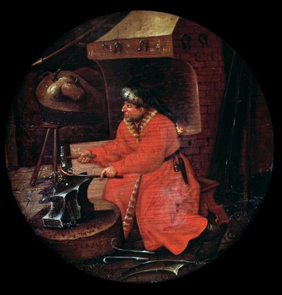鍛冶屋の職人が金床で金属棒を叩いている様子を表現したもの。フランドル派の絵画。16世紀。 作： Flemish School