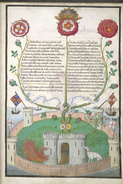 ロイヤル MS 11 E Xl fol.2 チューダーのシンボルを含む詩、1516 年頃（ベラム） 作： Flemish School